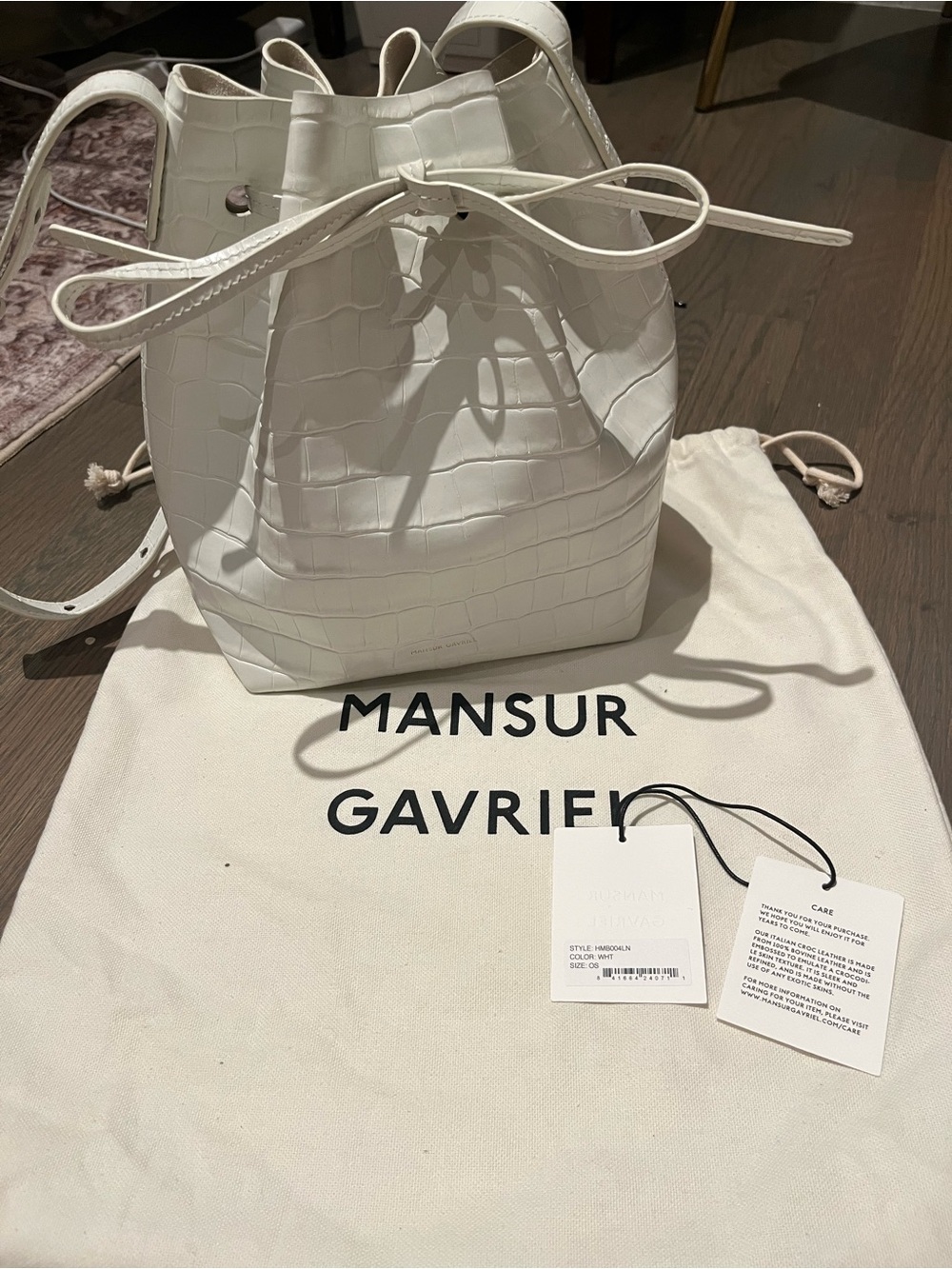 Mansur Gavriel White Croc-Embossed Drawstring Bucket Bag